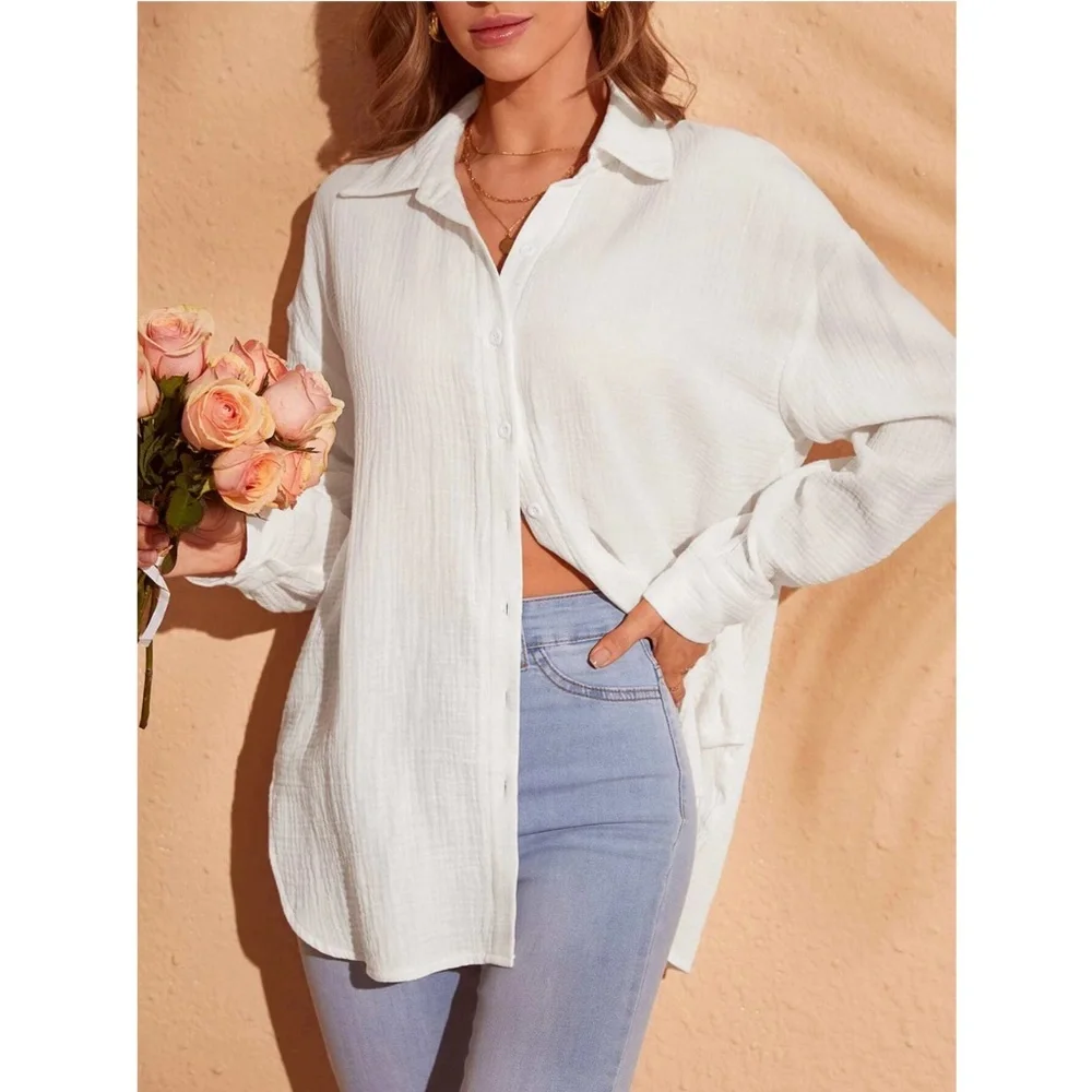 Cotton White Casual Shirt  Button Down Up Long Sleeve - Picture 5 of 9